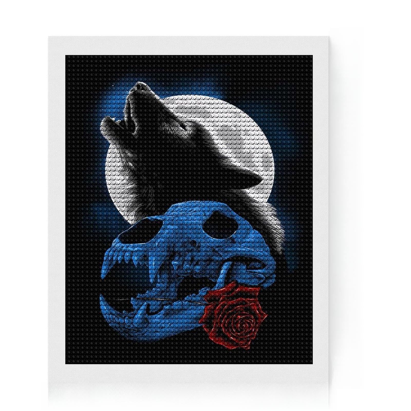 Junmoney Wolf Howling Moon Diamond Painting Kit 16"x20", Mindful Craft Activity, Neat Printed Canvas, Modern Decor, Gift Idea, Adhesive Canvas