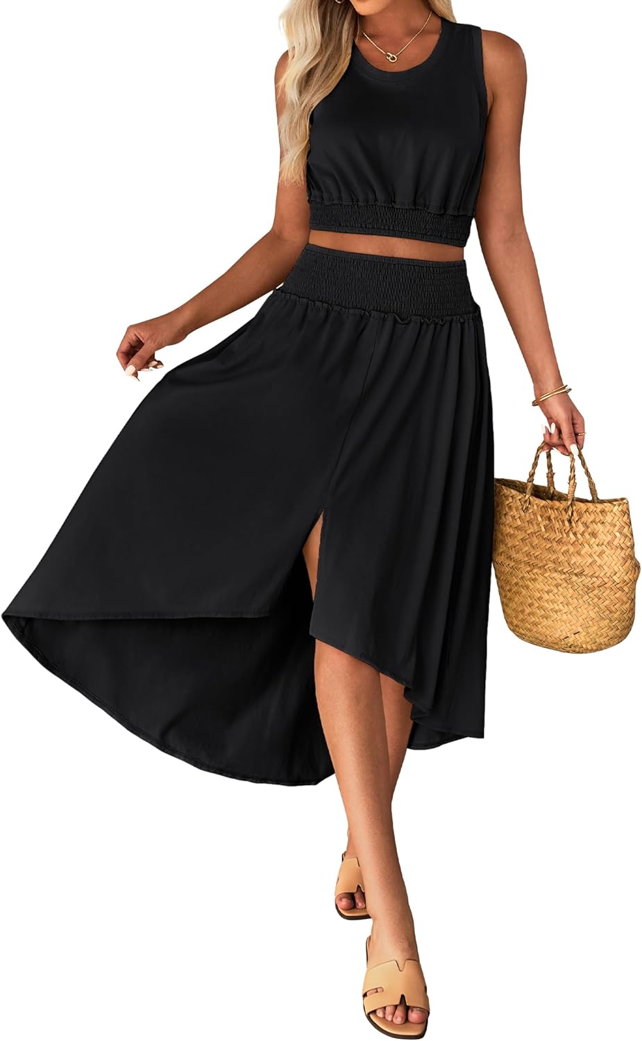 Luvamia two piece skirt sets women smocked crop top.