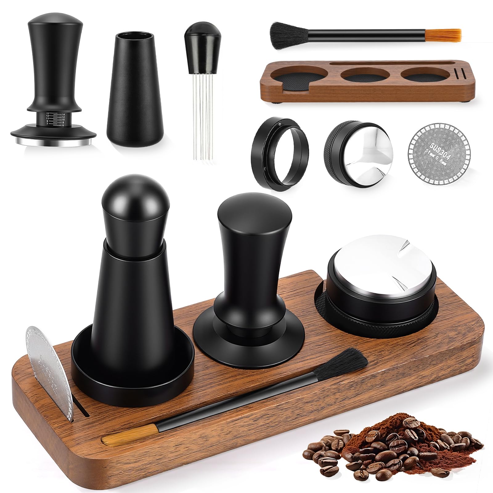 Prensador de Café, Tamper de Café de 51mm con EstacióN de Tamper, Nivelador de Café, Herramienta Wdt, Anillo Dosificador, Cepillo de Limpieza, Agitador, Pantalla de Disco