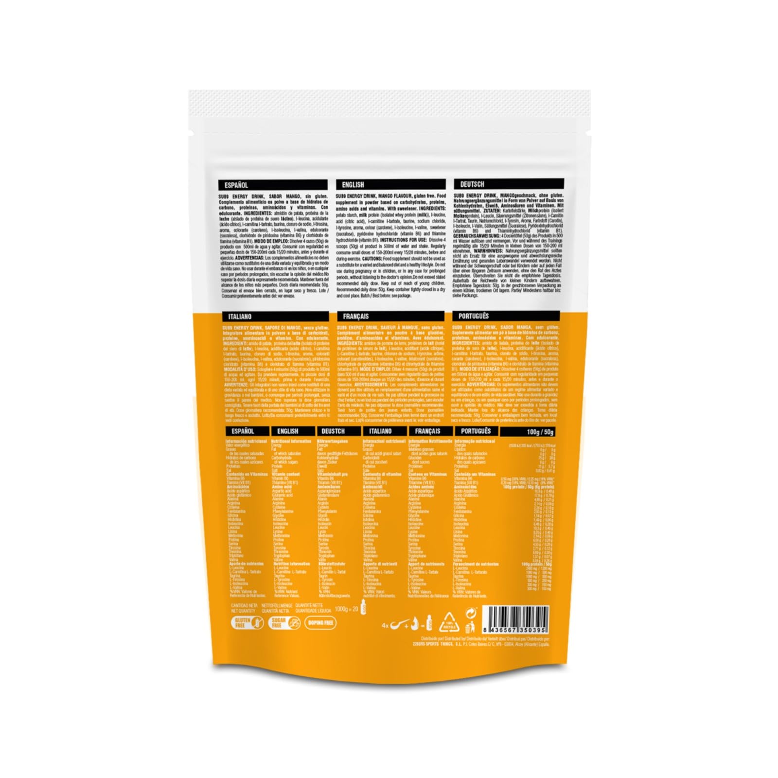 226ERS Sub9 Energy Drink | Boisson Energisante en Poudre avec Protéine, BCAA, Tyrosine, Taurine et L-Carnitine | Mangue - 1 kg