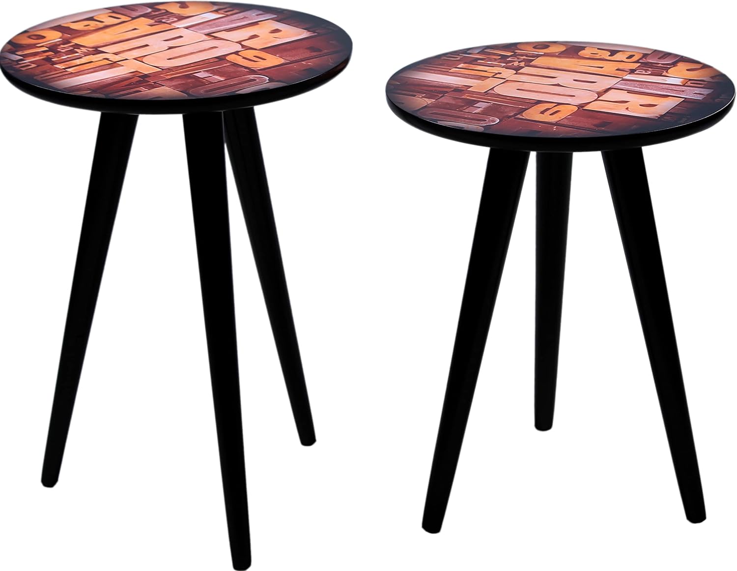 Round Wooden Side Tables, Portable Coffee Tables, End Tables for Living Room and Bedside with Motif Style – Set of 2, Black