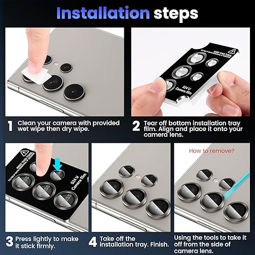 Miniatura 21 de Tensea Protector de lente de cámara Samsung Galaxy S24 Ultra 5G, protector de pantalla de vidrio templado 9H, anillo individual de metal para S24