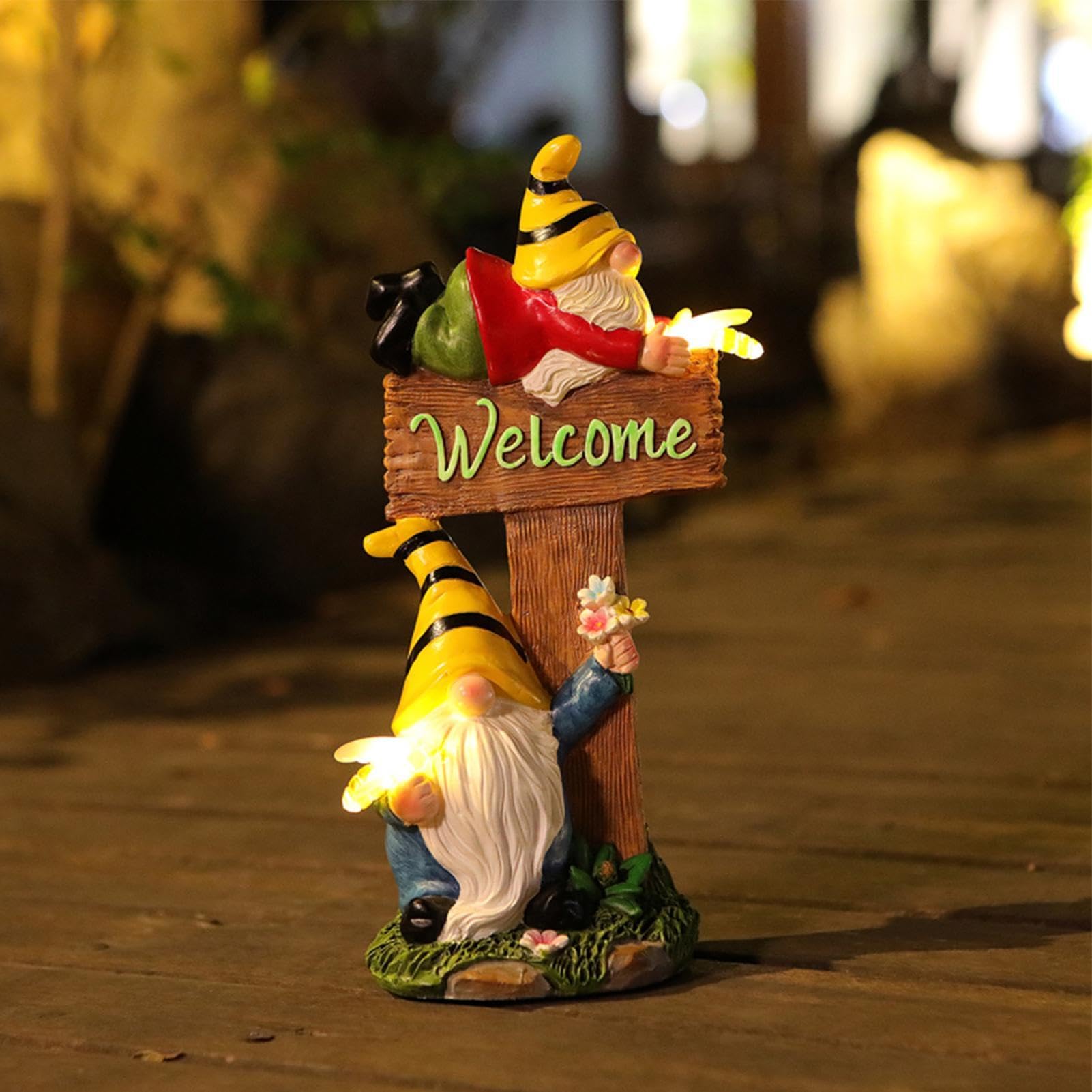 Decorazioni a forma di gnomi – 20 cm dipinto, finitura in pietra, contorno a cappello appuntito, struttura rustica invecchiata, statue illuminate notturne, base piatta autoportante per prato