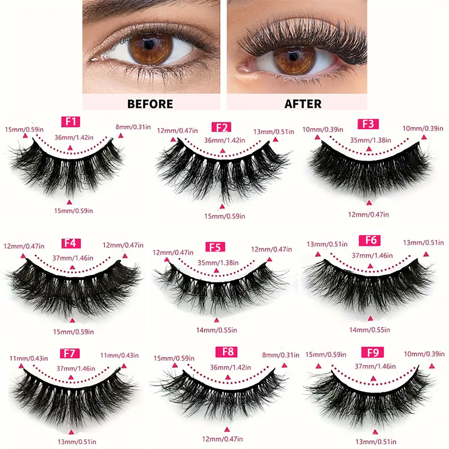 Lot de 18 paires de faux cils 3D en vison naturels