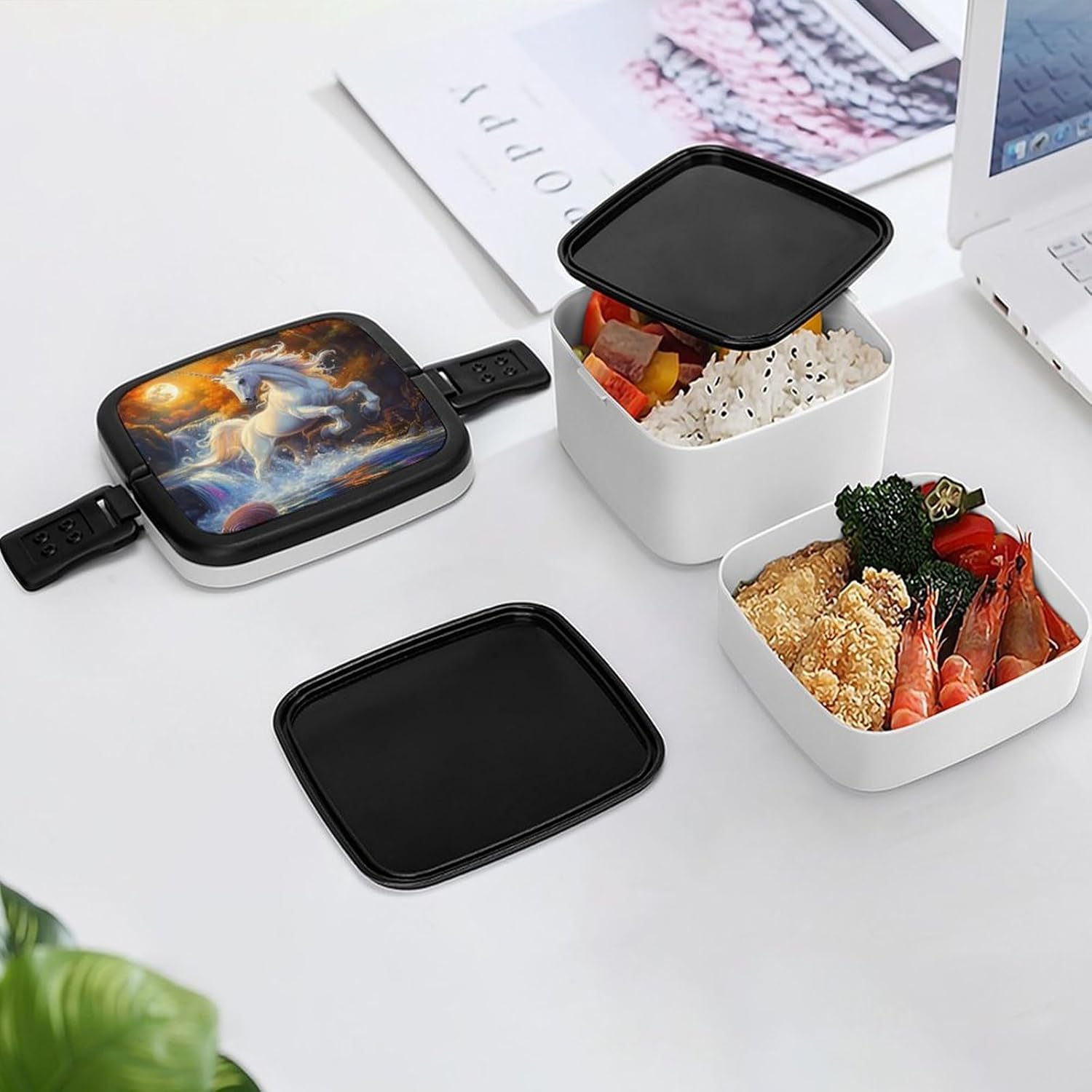 Un-icorn Bento Box with Spoon 2 Layer Food Container Cute Lunch Box for Travel Dining Work