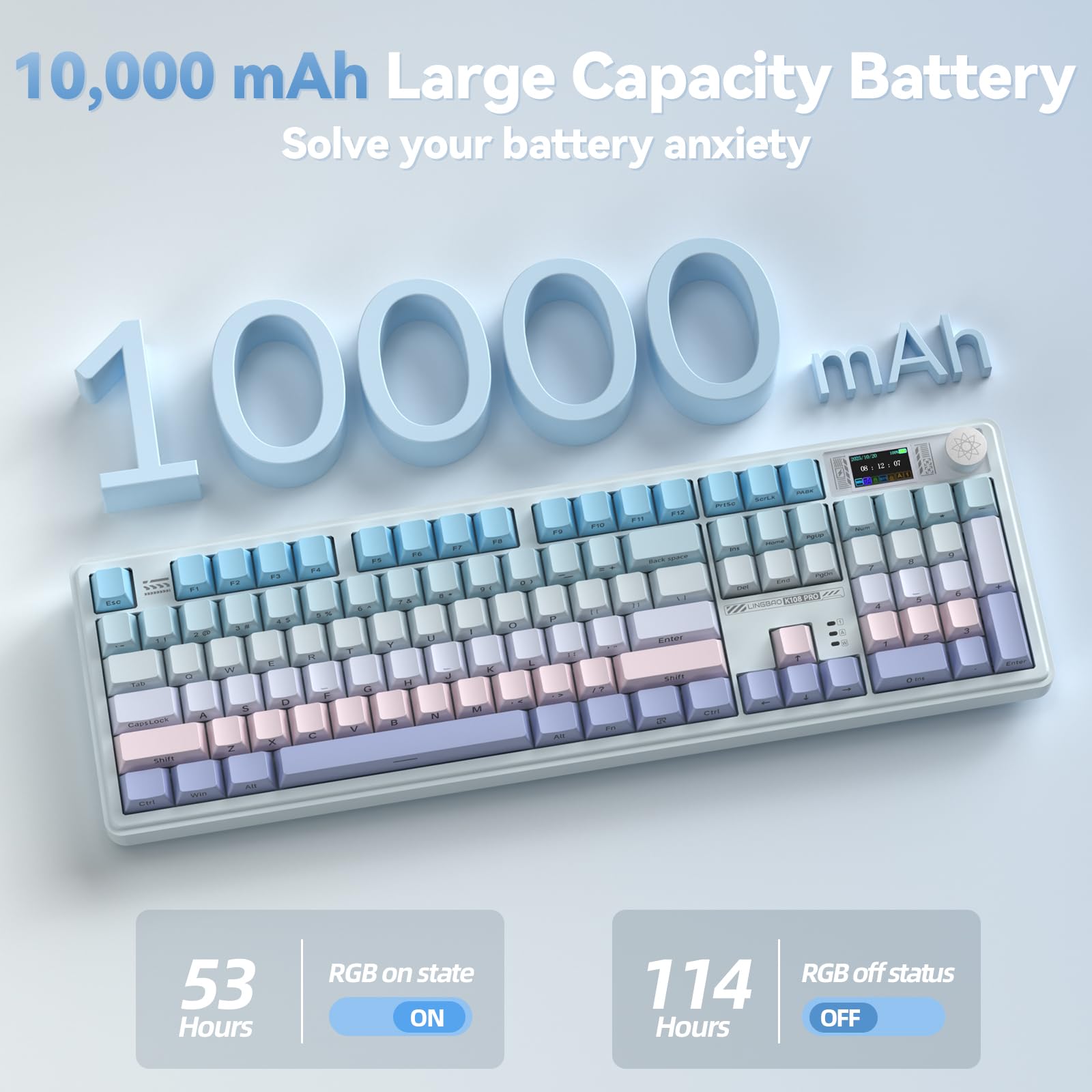 LINGBAO K108 Pro Tastiera meccanica wireless con schermo e manopola, tastiera cremosa sostituibile a caldo di dimensioni standard, batteria da 10000 mAh, tastiera PBT stampata laterale