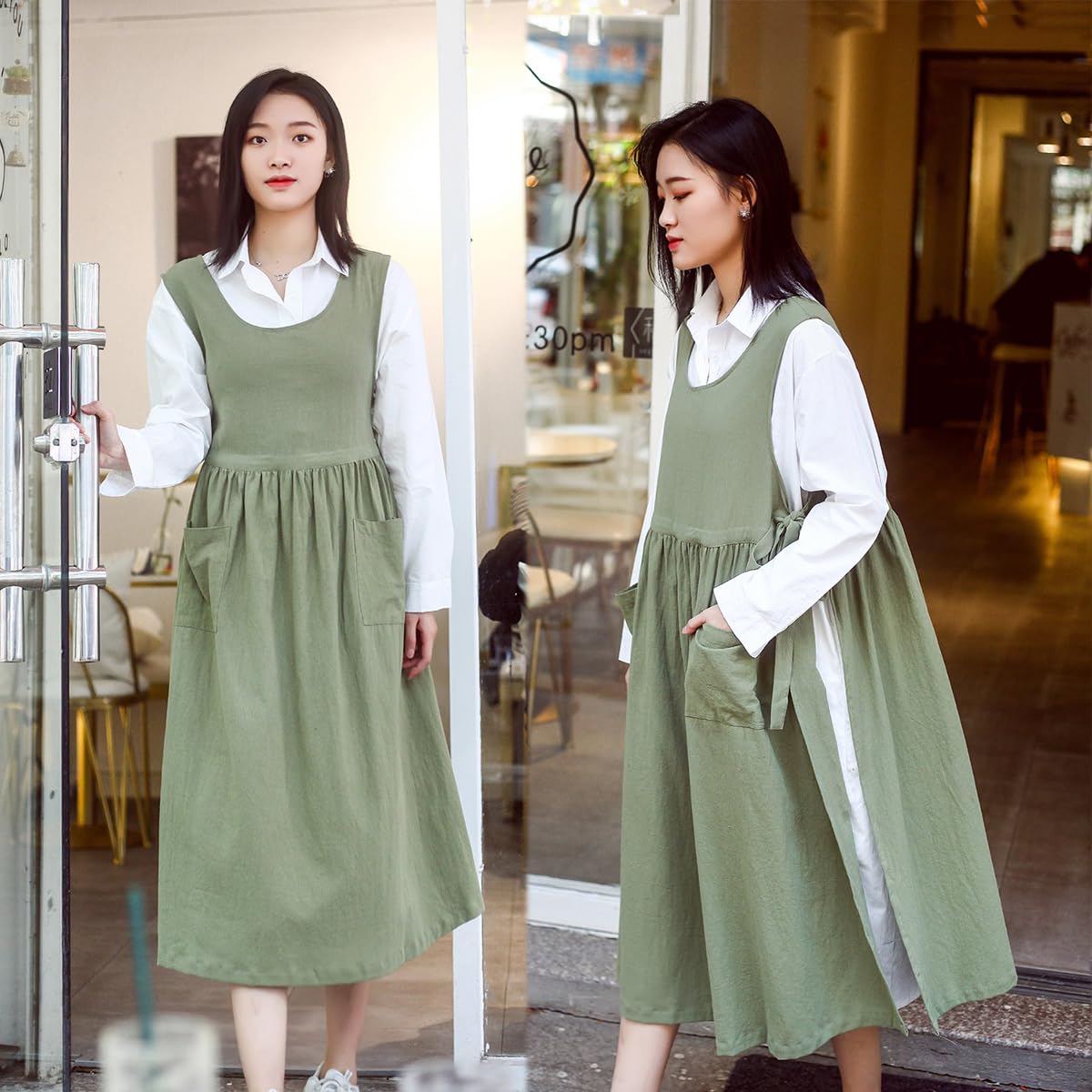 Tablier pour femme, grande taille, en coton et lin lavé avec 2 poches, couleur unie japonaise, tablier de cuisine pour femme, Couleur, 130 cm