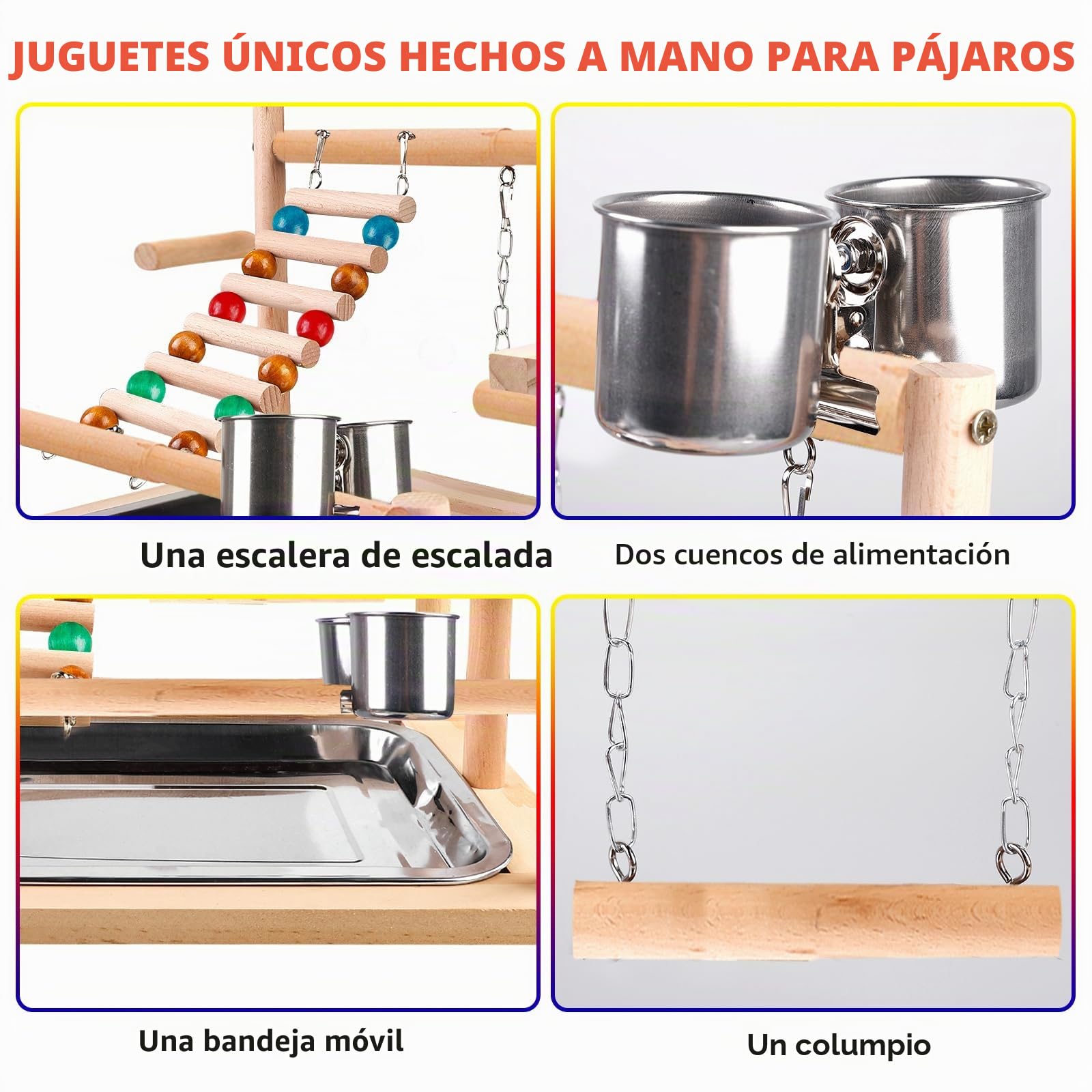 Juguete para pájaros, juguete para loros, juguete para periquitos, parque infantil con copa alimentadora, escalada, columpio y bandeja, asiento para periquitos, cacatúas, 37 x 26 x 44 cm