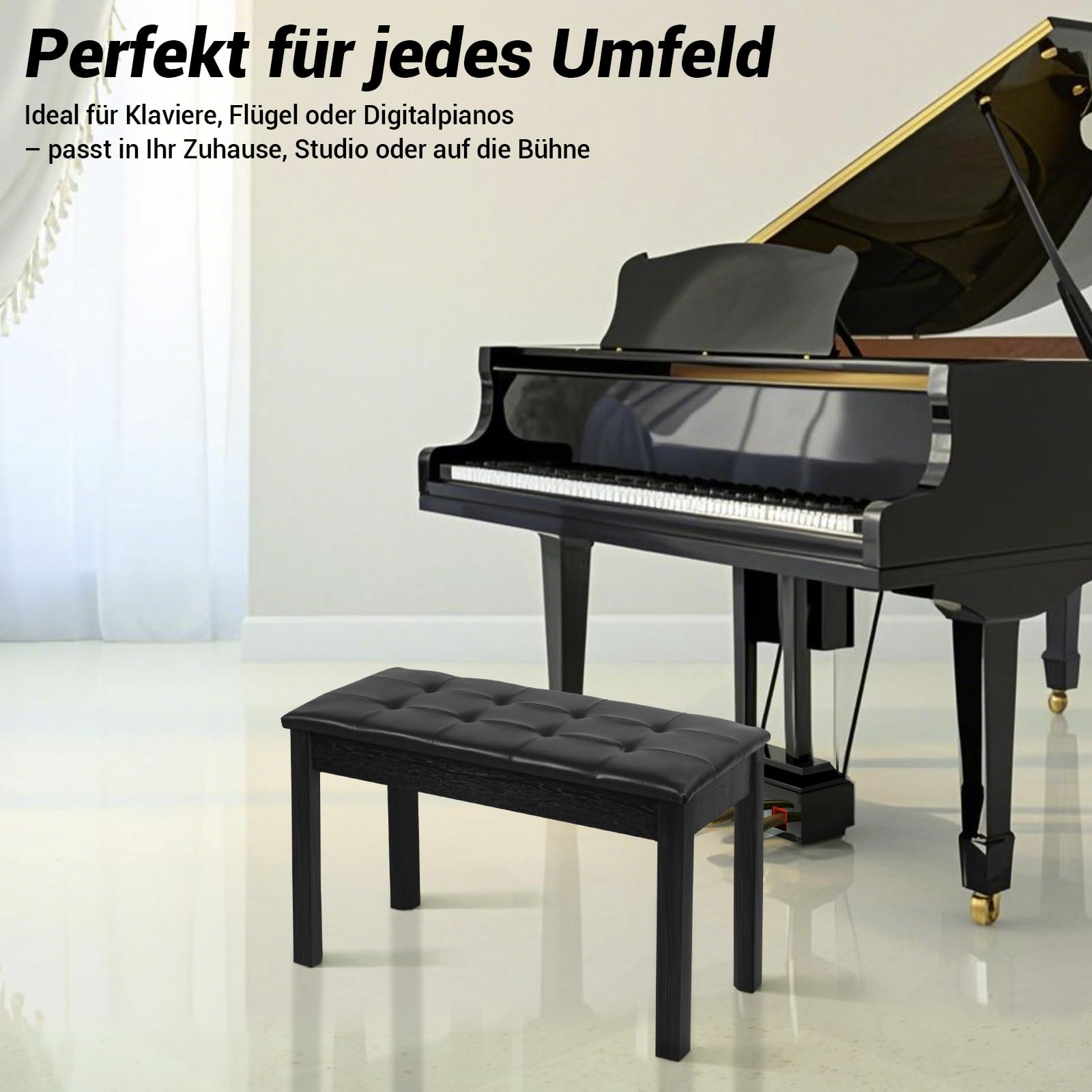 SUNDOY 75 cm Klavierbank aus Massivholz – Schwarzer Klavierhocker mit Weichem Sitzkissen – Modernes, minimalistisches Design, Korrosionsbeständig & Stabil – Für E-Piano & Keyboard, Schwarzer
