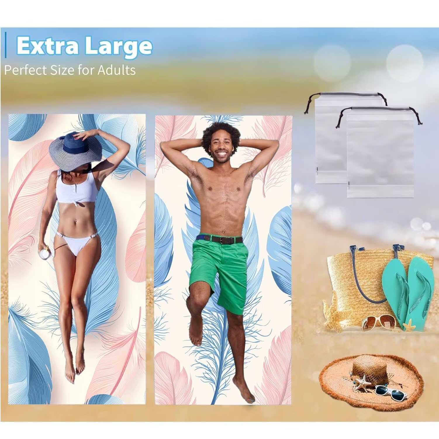 Strandtuch, Groß Strandhandtuch 100 x 200 cm 2er Set Mikrofaser Handtuch - Sandfrei Badetuch, Saugfähig und Schnelltrocknendes Handtuch/Strandtuch xxl Saunatuch Stranddecke Zubehör (Federn) V-1054