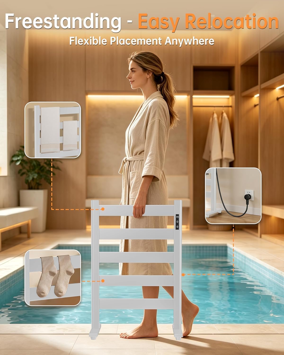 Sèche-serviettes électrique sur pied avec minuterie de 1 à 24 heures, porte-serviettes chauffant pour salle de bain, armoires, hôtels, spas