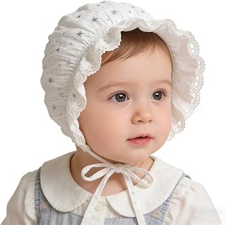 Baby Girl Boys Bonnet Eyelet Lace Cotton Christening Bonnet Toddler Beanie Sun Protection Hat White