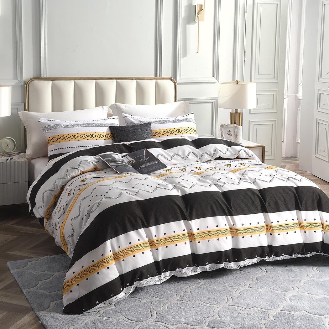 Tokokimo Duvet Cover Set Queen Size, 3 Pc Yellow Soft Boho Aztec Bohemian Bedding Duvet Cover Sets with Zipper Closure Corner Ties