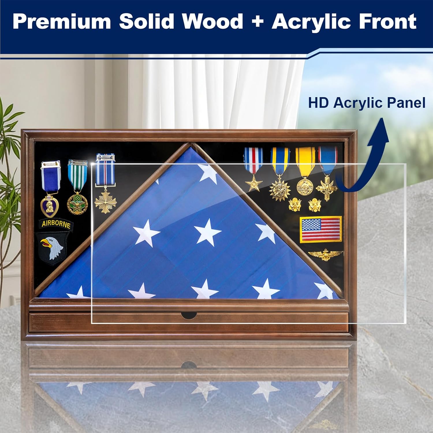 Solid Wood Military Flag Display Case for 5'x9.5' Burial Flag | Rectangle, Built-in Drawer, HD Acrylic Board, Display Badges and Medals, Table/ Wall Mount, Memorial Flag Holder, Brown