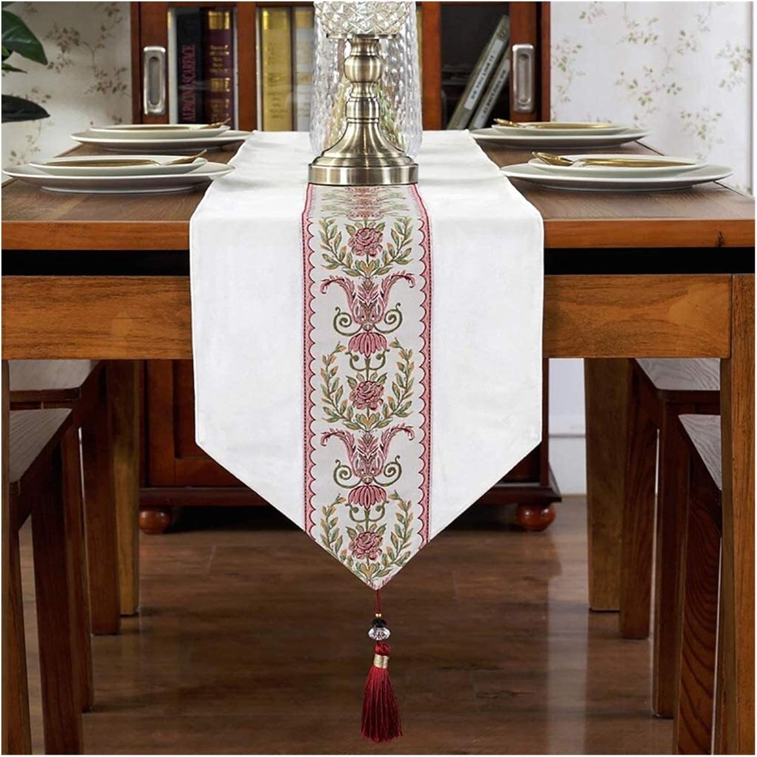 Home Kitchen Table Runners Home Party Wedding Table Decoration Table Runner Luxurious Embroidered Floral Pattern Table Runner with Tassel Dining Party Gourmet Dressin (Beige 33*180cm)