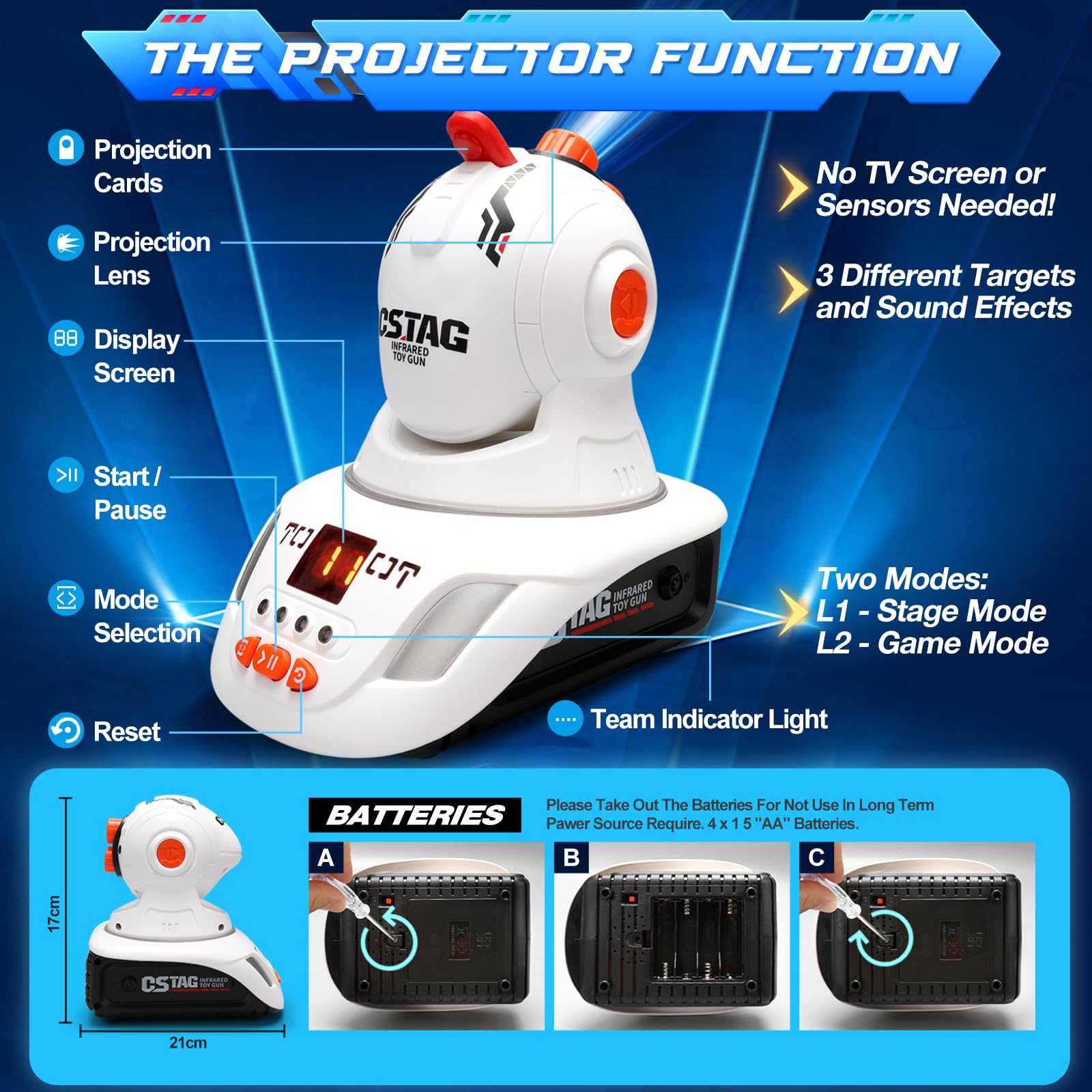 VATOS Wiederaufladbares Laser Tag Set mit Projektor, 2 Spieler Spielzeugpistole mit Projektor und digitaler LED-Punktanzeige, Schießspiele mit 3 Zielen, perfektes Familienspielzeug für Kinder