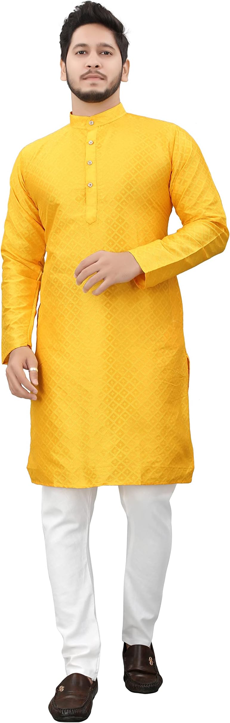 More & MoreMen's Cottan Blend Kurta, Yellow, XL