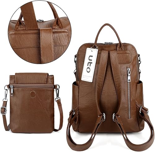 Miniatura 6 de UTO - Mochila para mujer de piel sintética y nailon, desmontable, en cuero sintético y naylon, versión de tela, Marrón, L