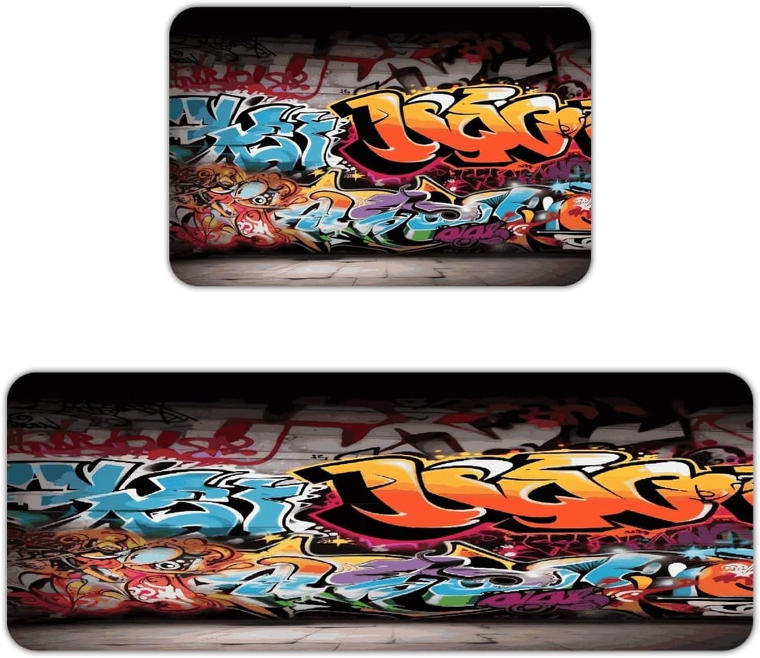 Graffiti Hip Hop Kitchen Mat Kitchen Rug Set | Kitchen Rugs Flannel Velvety Washable breathable Water Absorbent Soft ，kitchen utensils for Kitchen, Floor,Laundry