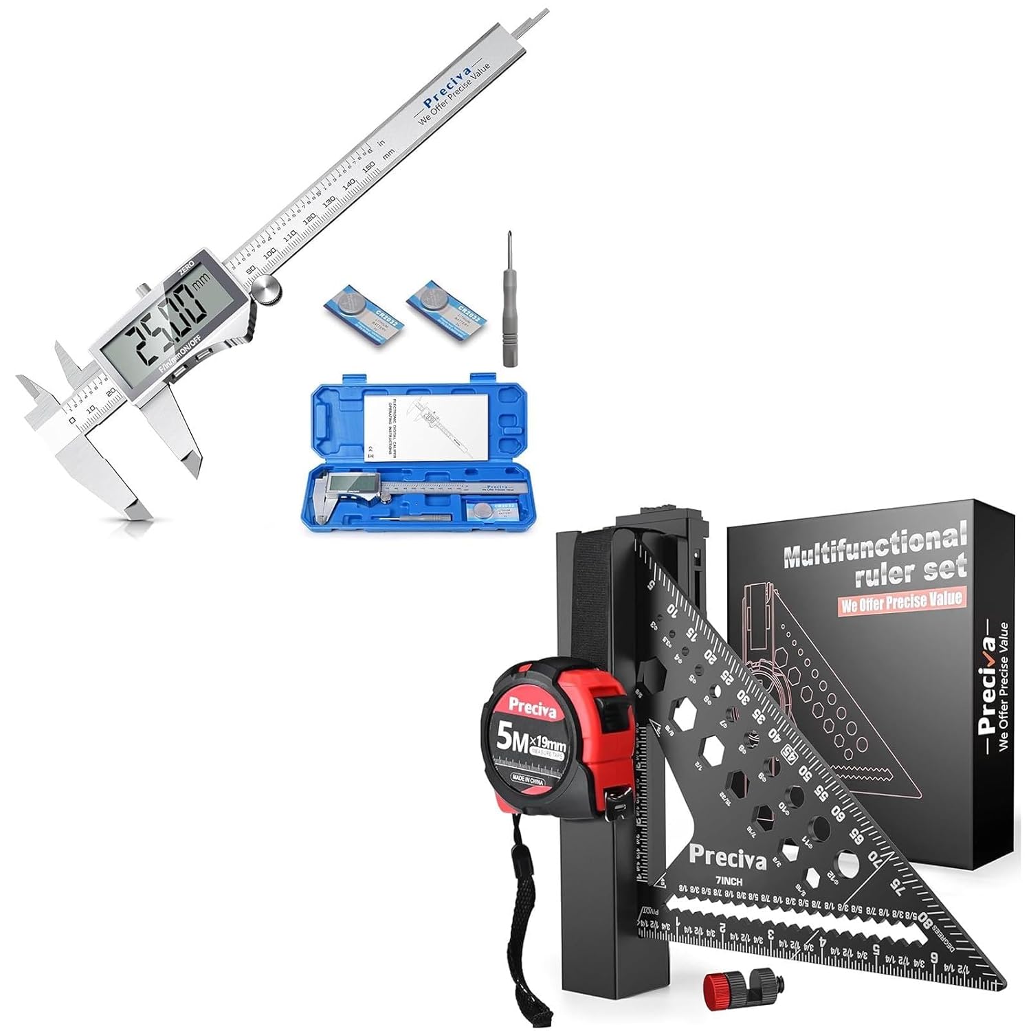 Preciva Digital Caliper & Carpenter Square Set, 7-Inch Rafter Square, LCD Display, Auto-Off, Belt Organizer, and Tape Measure for Precision Measurement and Woodworking
