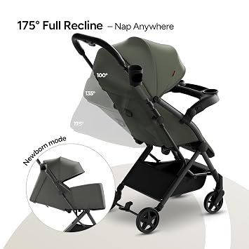 Mompush Lithe V2 Lightweight Travel Stroller Snack Tray Included, Forest | Compact baby stroller, airplane-ready, one-hand fold, mechanical recline seat, UPF 50+ canopy, travel bag & rain cover