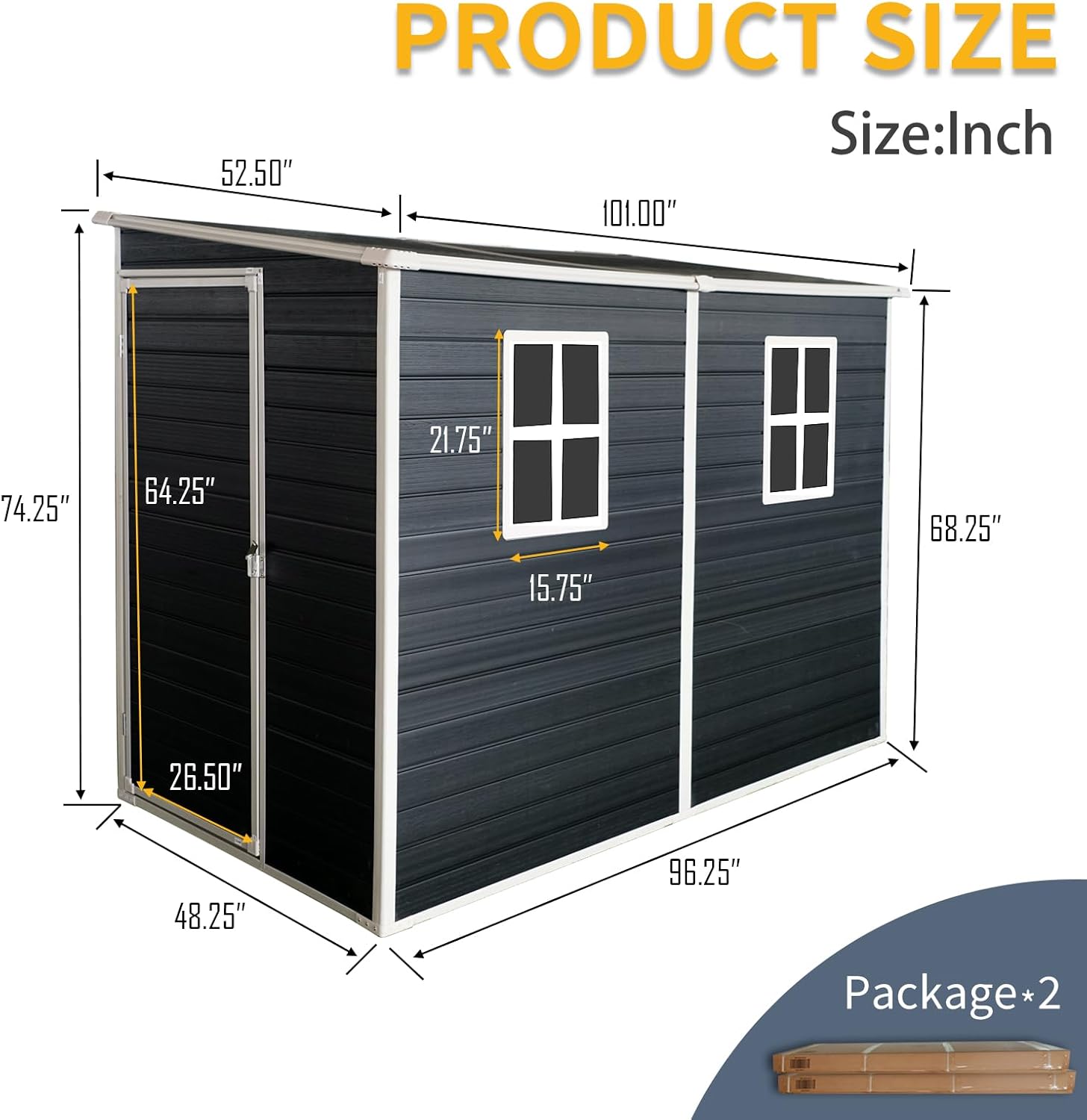 Product dimensions in inches, showing length, width, and height of the shed and its door and window openings.