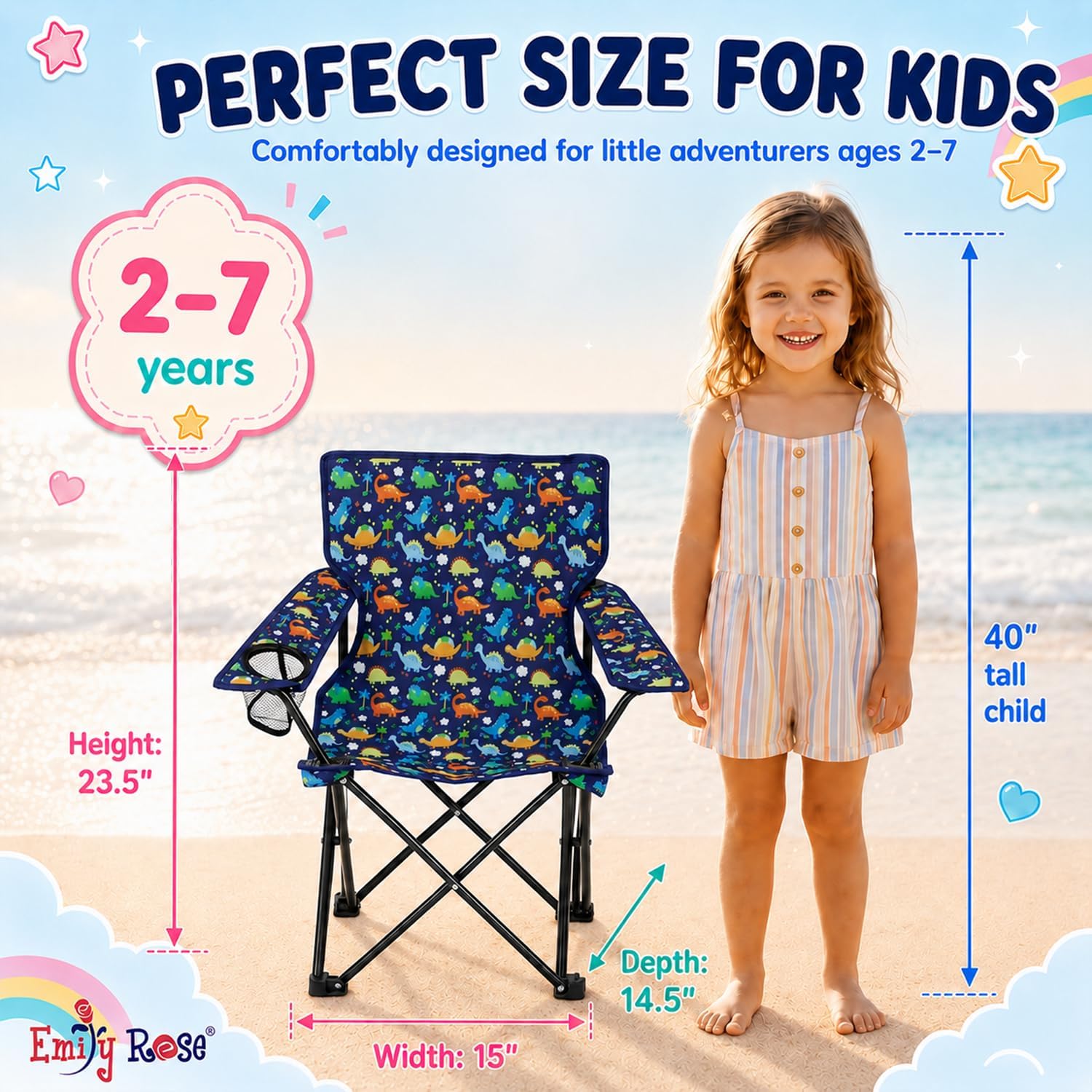 Emily Rose Playful Dinosaurs Kids Folding Camp Chair - Lightweight Portable Toddler Beach Chair Ages 2-7 with Safety Lock Cup Holder Carry Case 125 lb Capacity for Boys Girls Indoor Outdoor Adventures image 2