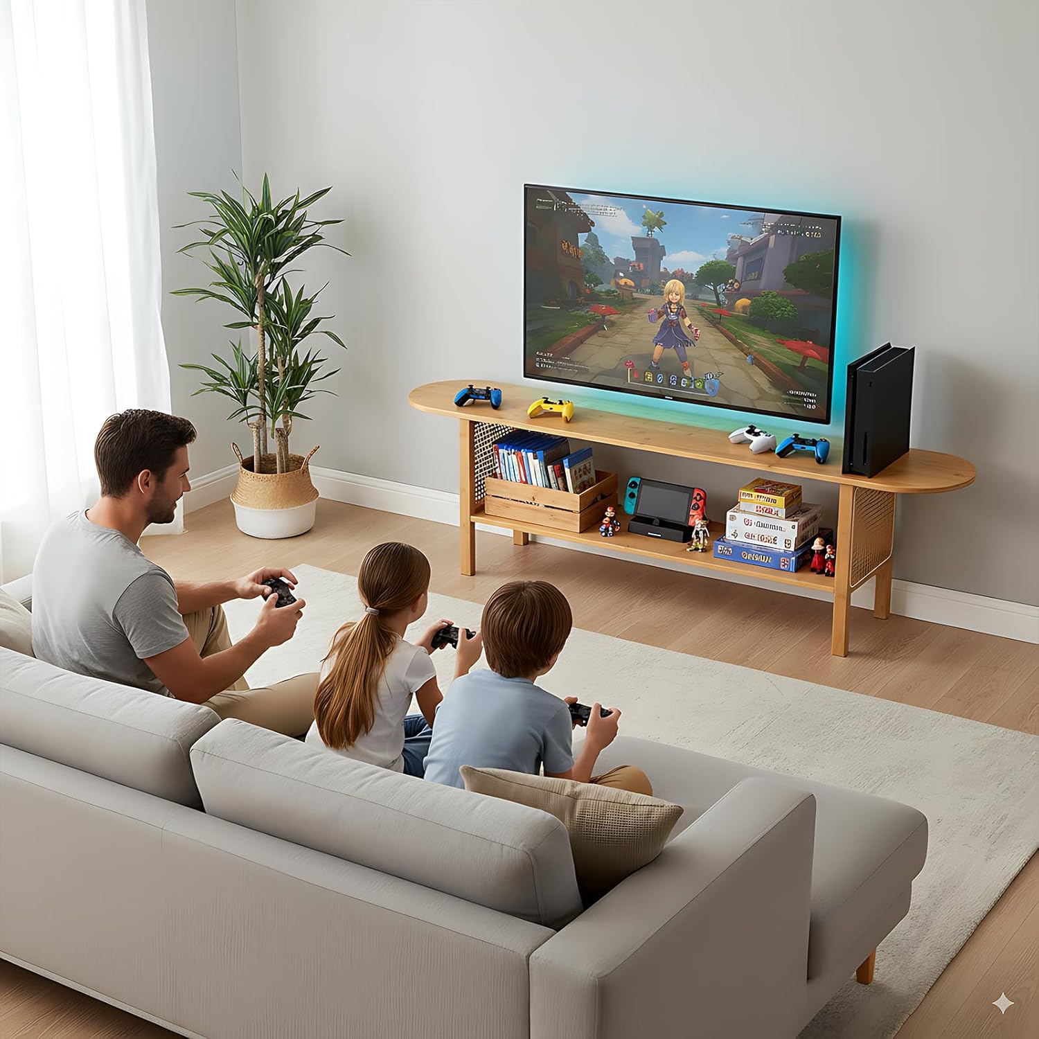 Tiita TV Stand with Storage for TVs up to 65'', Bamboo TV Console Entertainment Center with 2 Open Shelf, Mid Century Modern Media Console for Living Room, Bedroom, Wood