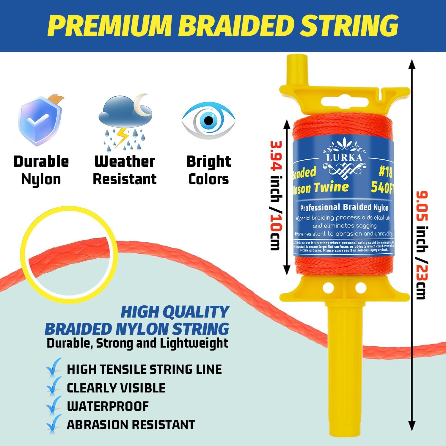 LURKA Paquete de 2 cuerdas Mason Line, #18 540 pies, línea de nailon trenzado con 10 niveles integrados y carrete de cuerda naranja fluorescente para trabajos de precisión, bricolaje y proyectos de