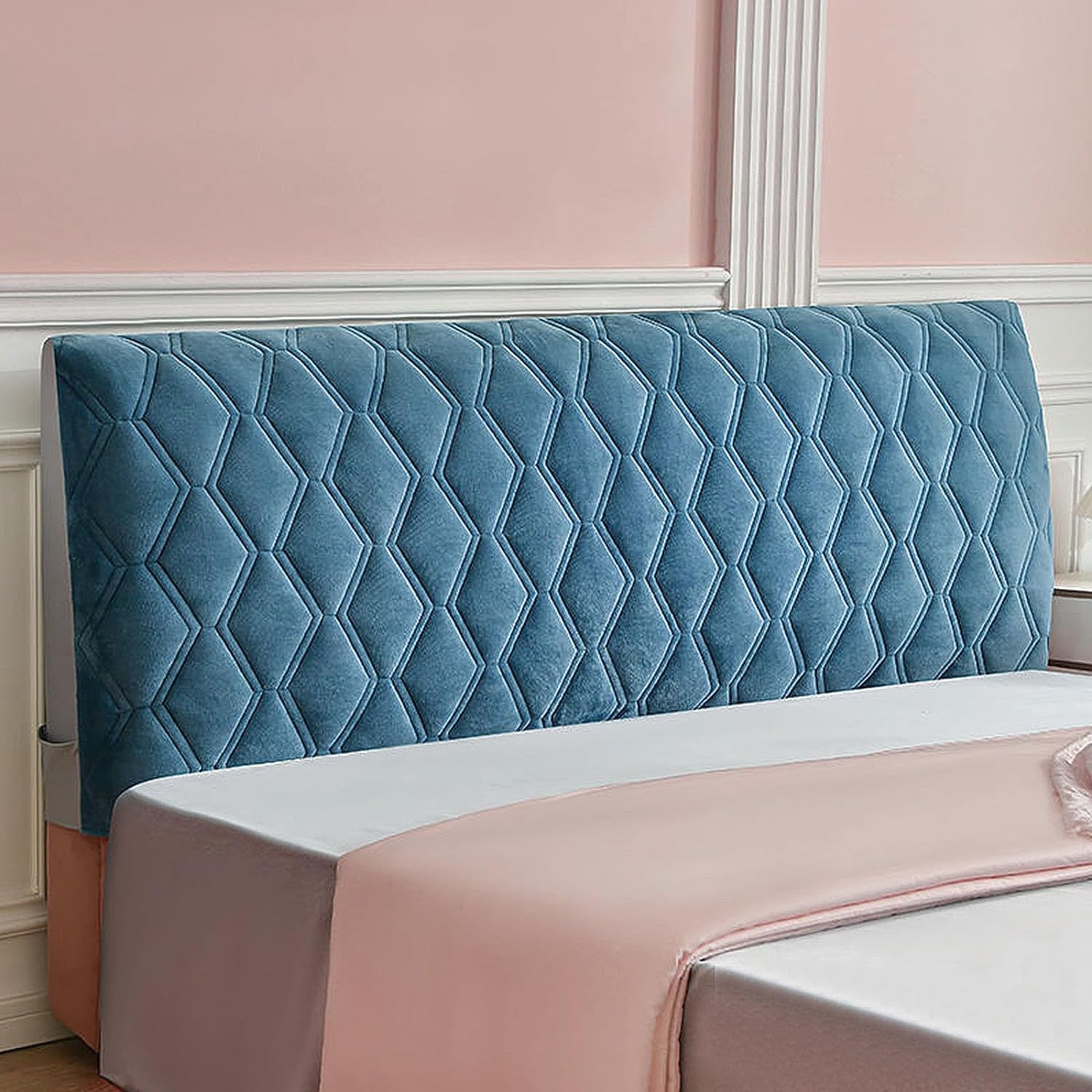 CAMZ Velvet Bed Headboard Cover for Full Queen Cal King Size, Quilted Bed Headboard Slipcover Thicken Dustproof Headboard Padding Protector Cover (Blue,Queen:160cm(63"))