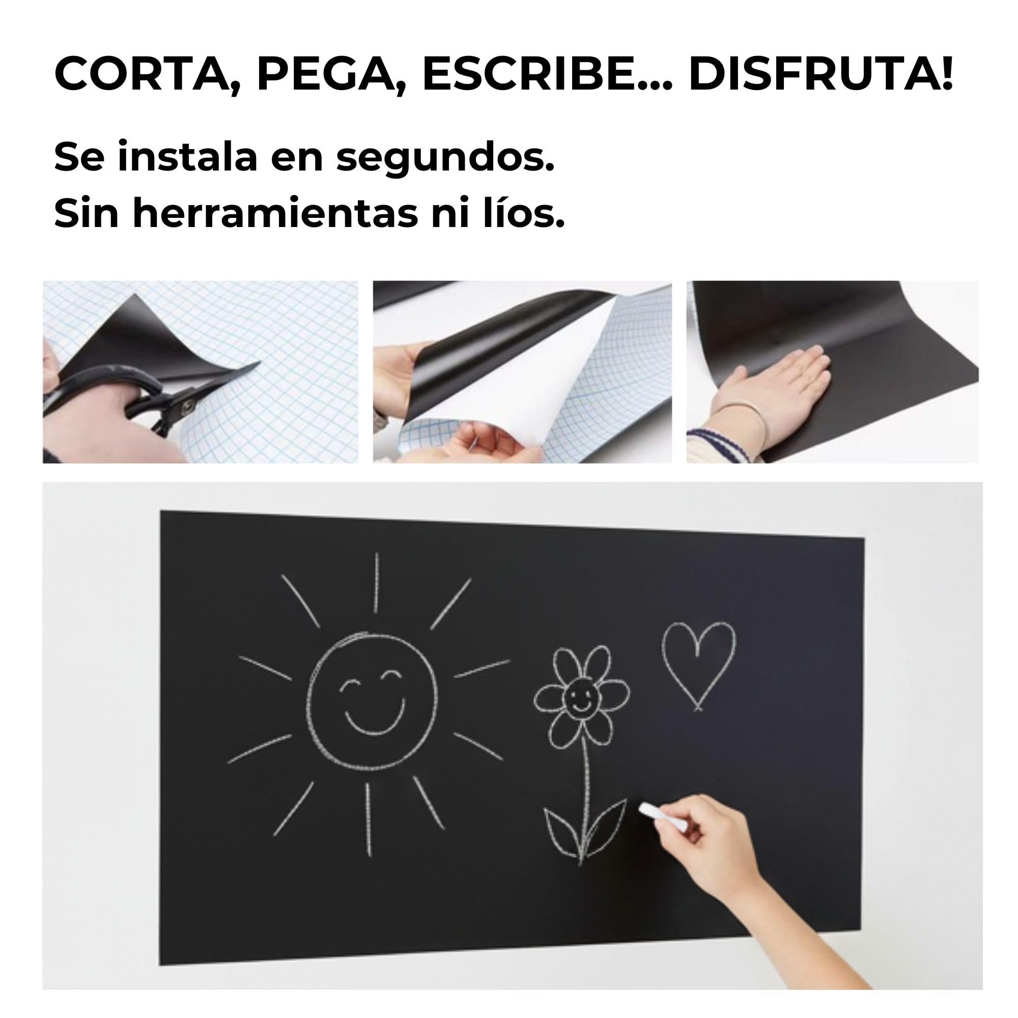 Pizarra pared, infantil - vinilo adhesivo negro, 200x45 cm con colores – Pizarra cocina - Quadro negro autocolante – Ideal creatividad niños sin ensuciar (1)
