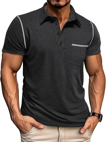 Mens Casual Polo Shirts Classic Short Sleeve Basic Golf Button Shirt with Pocket