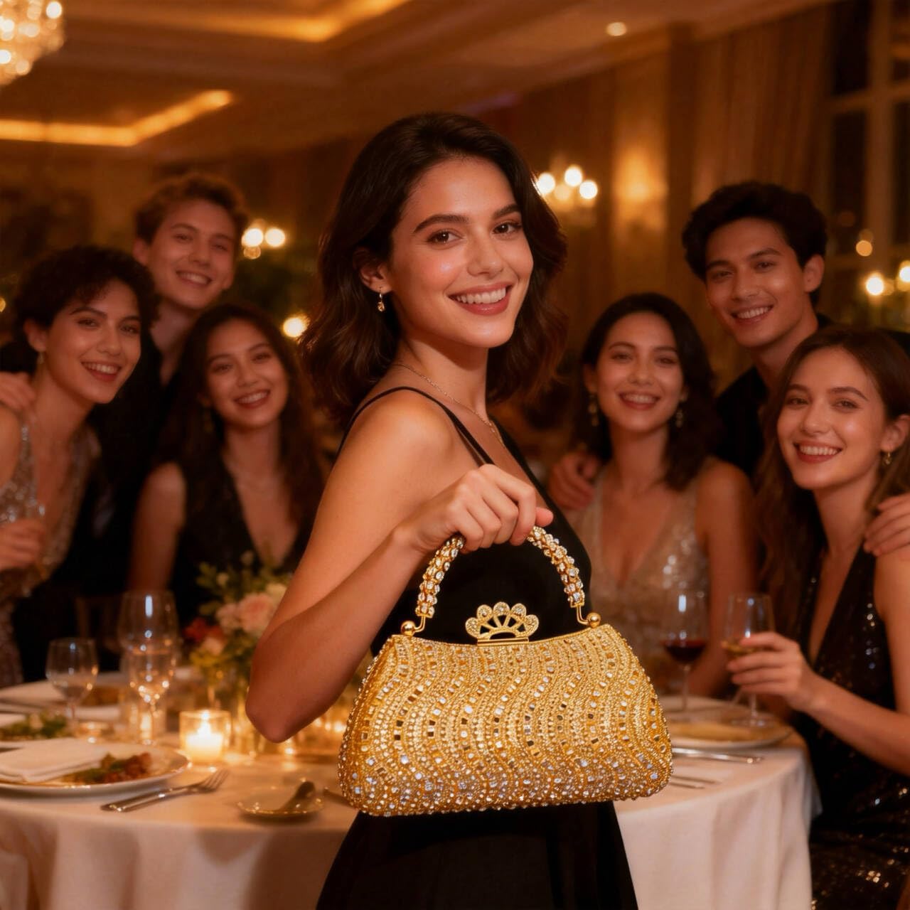Luxury Crystal Rhinestone Evening Clutch for Women, Gold Wedding Party Purse with Handle, Elegant Formal Prom Cocktail Handbag for Brides & Special Occasions（Gold）