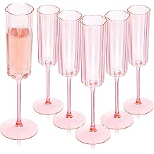 Ciaell 24 Pack Pink Plastic Champagne Flutes - 6 Oz Flower Wavy Champagne Glasses - Heavy Duty Vintage Disposable Glassware for Party & Anniversary & Wedding
