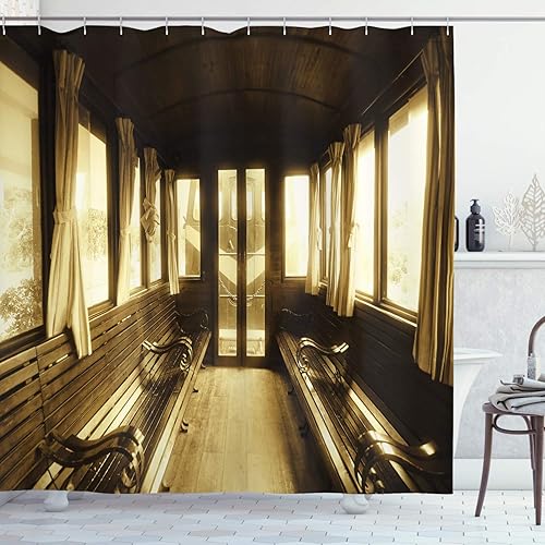 Ambesonne Cortina de ducha antigua, tren vintage antiguo, interior de ventanas de transporte histórico, con forma de arco, juego de decoración de
