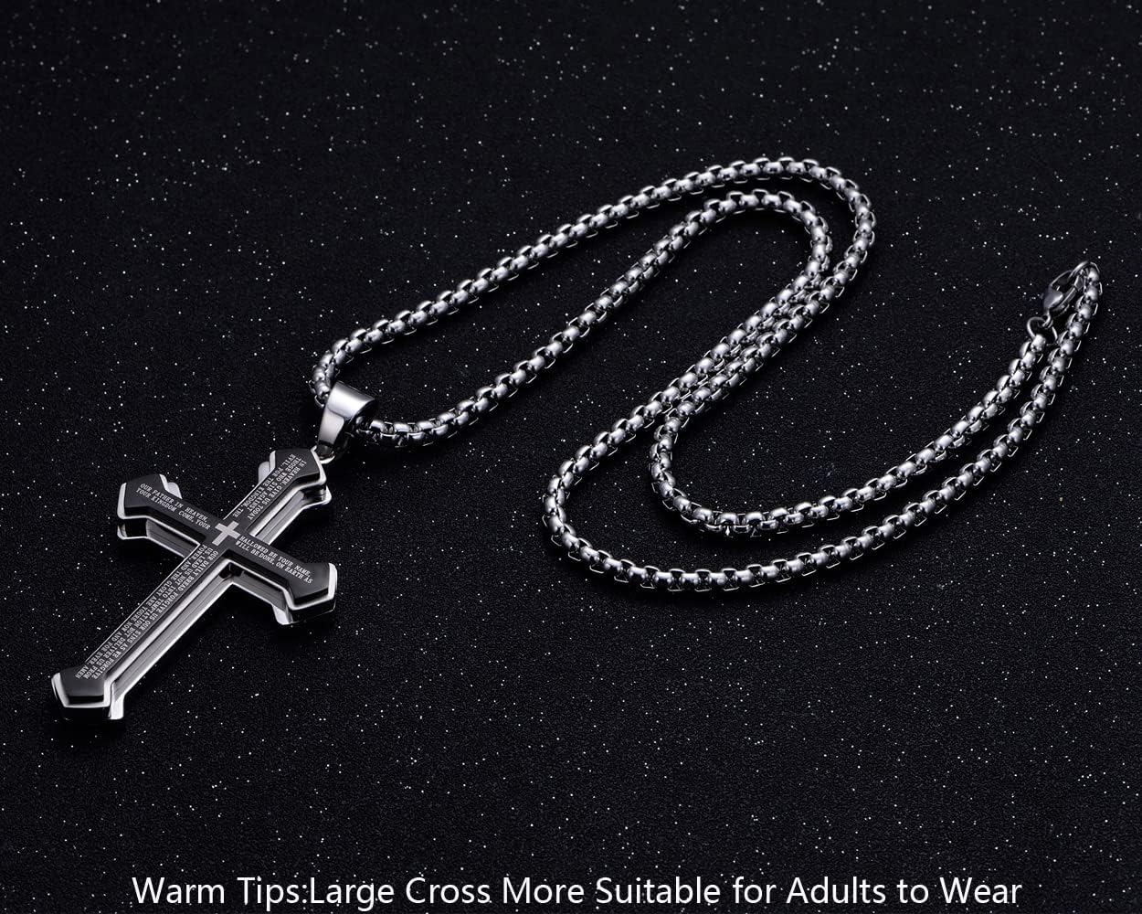 Rehoboth Men's Stainless Steel Nail Lord's Prayer Cross Pendant Necklace for Men Women Big Pendant and Strong Chain 24"