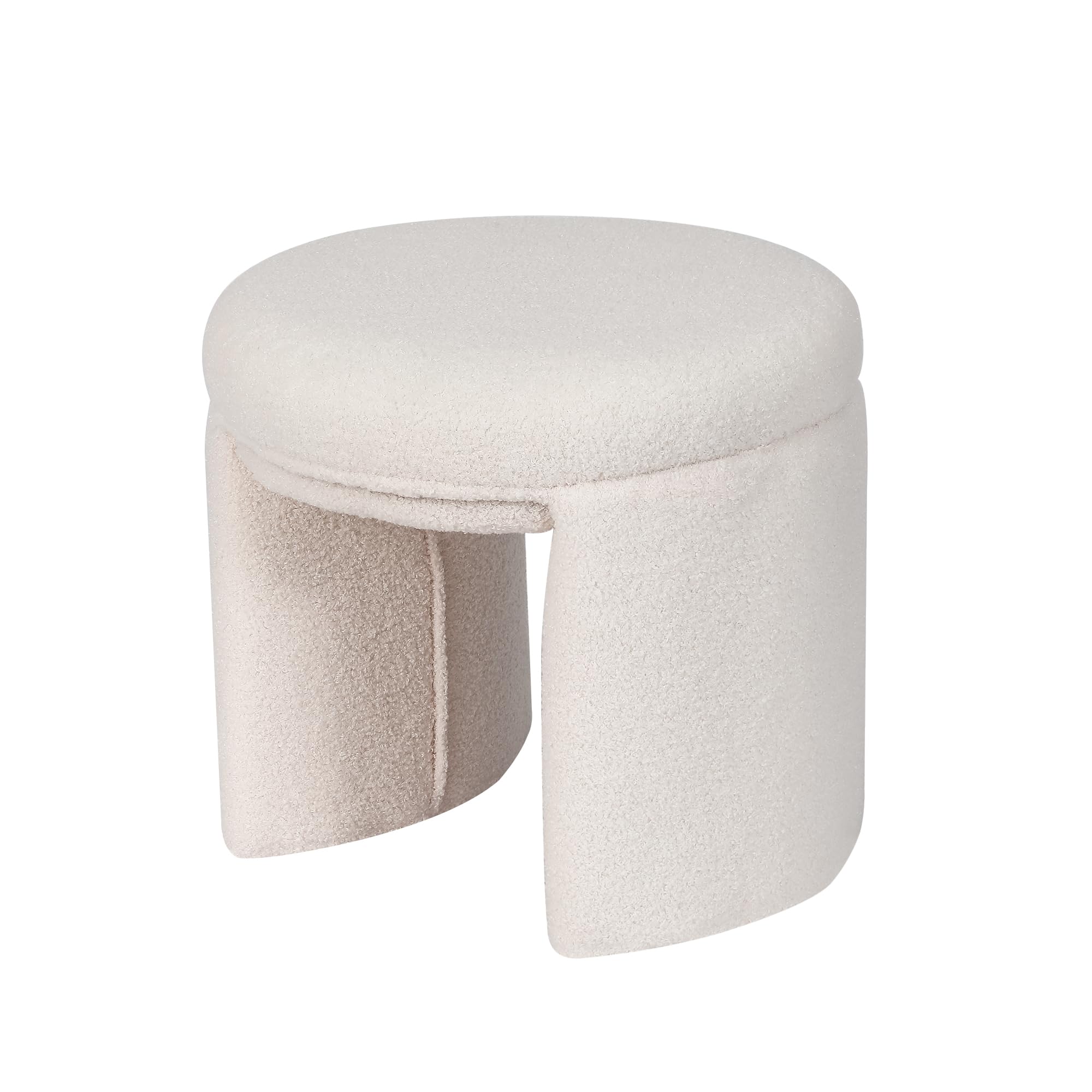 Edeco Boucle Ottoman, Round Sherpa Vanity Stool Chair, Small Upholstered Modern Teddy Footstool for Makeup, Living Room, Entryway, Bedroom (White)