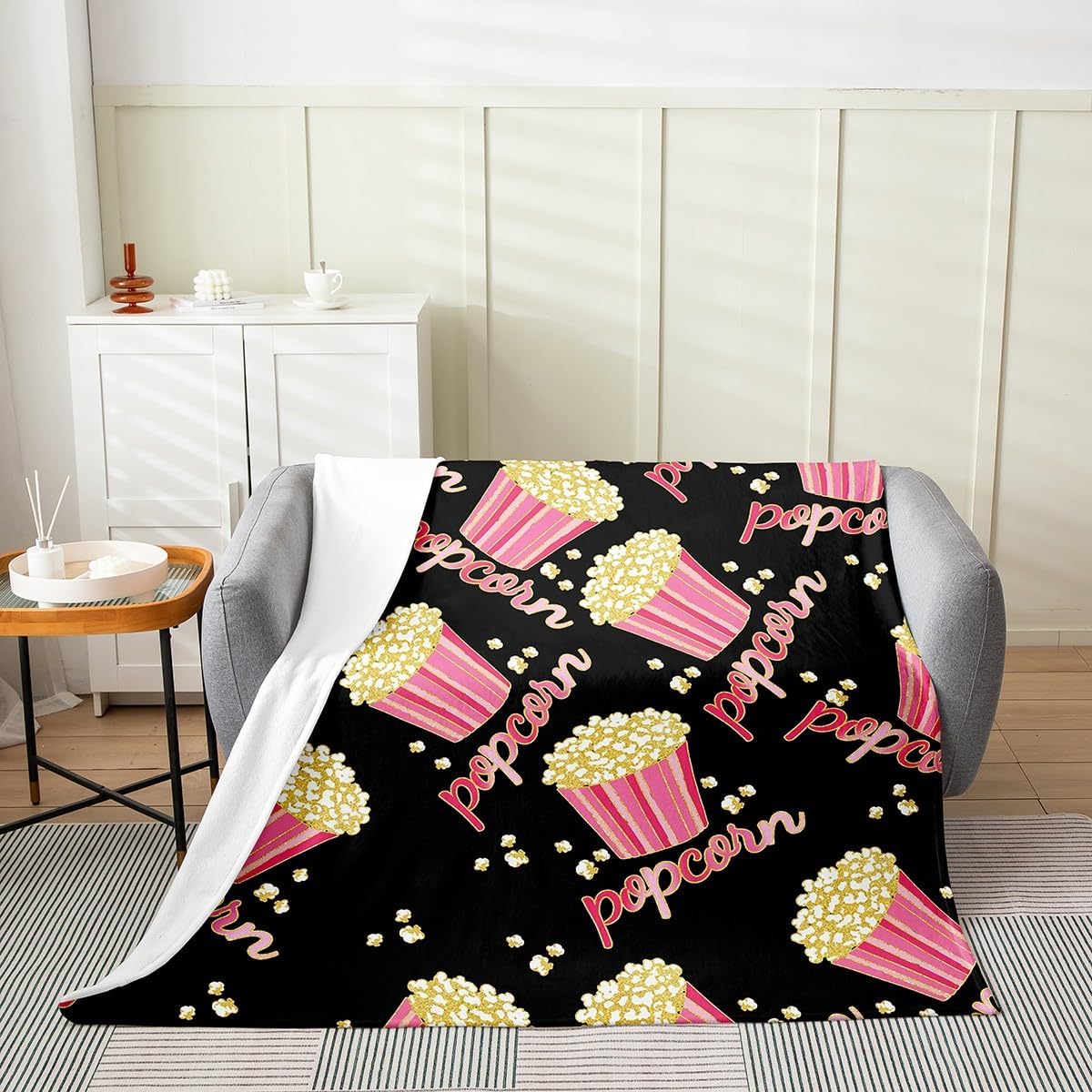 Feelyou Popcorn Plush Throw Blanket, for Girls Boys Cinema Poster Flannel Fleece Blanket Decorative Movie Theater Pink Glitter (No Glitter No Sequin) All Season,Bed Blanket Old Fashion Twin 60"x80"