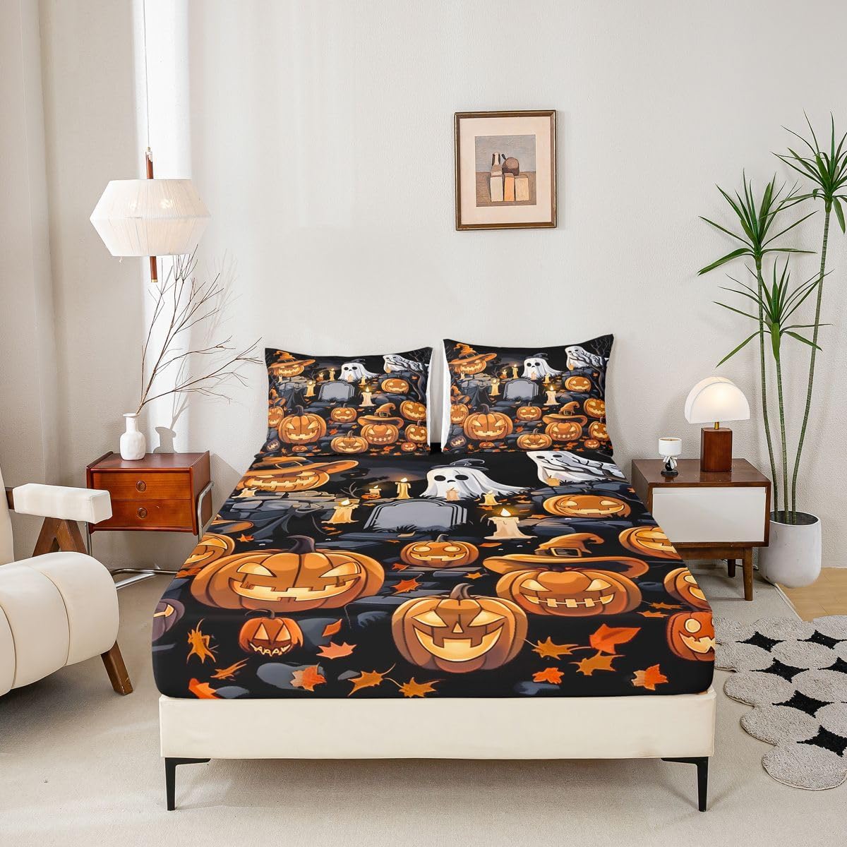 Castle Fairy Cartoon Pumpkin Fitted Sheet Full Size (No Flat),Ghost Handle Maple Leaf Bedding Set 3Pcs,Kids Boys Teens Room Decor,Dark Spooky Bed Sheets Witch Hat Deep Pocket Sheet,2 Pillowcases