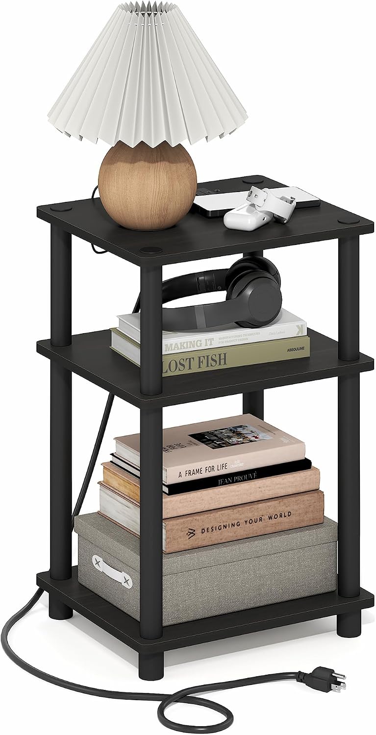 Furinno Just 3-Tier Night Stand with Charging Station, Black Espresso