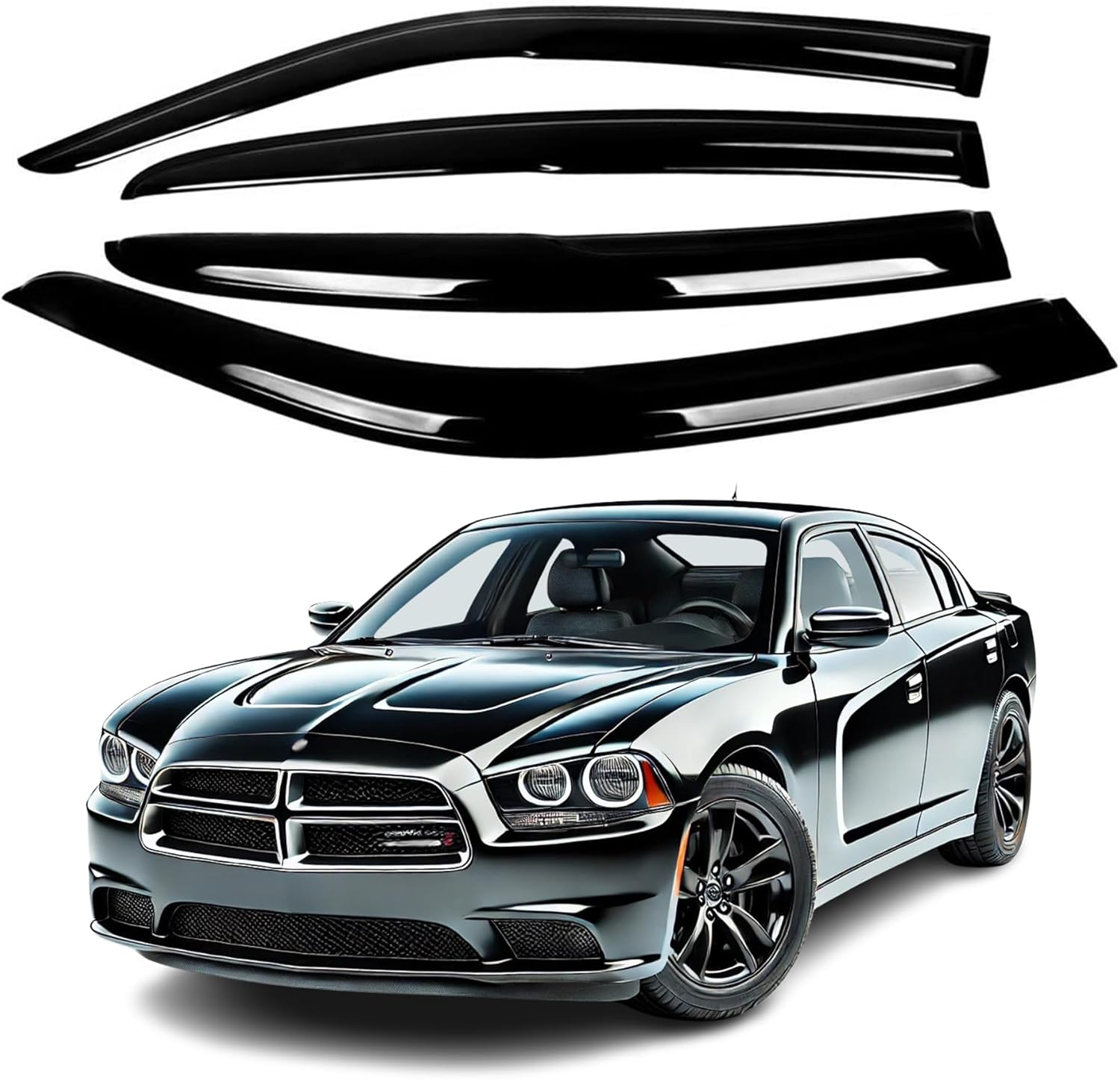 Fits Dodge Charger 2011 2012 2013 2014 2015 2016 2017 2018 2019 2020 Acrylic Safe Smoke Window Visor Set - Sun, Rain, and Vent Protection, 4-Piece Window Deflector Guard Kit