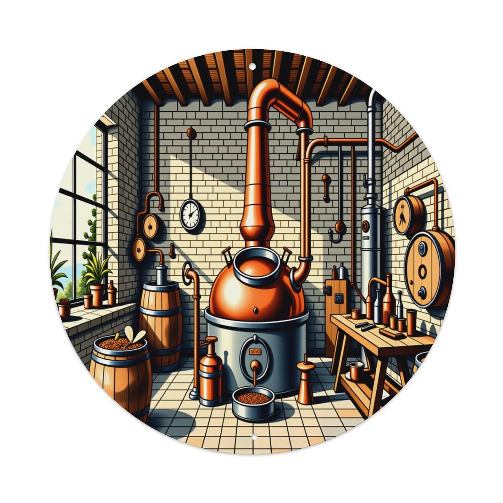 Copper Still Workshop Scene Round Tin Sign Vintage Style Metal Sign Home Bar Garden Wall Plaque Decor Metal Poster 8x8 Inch