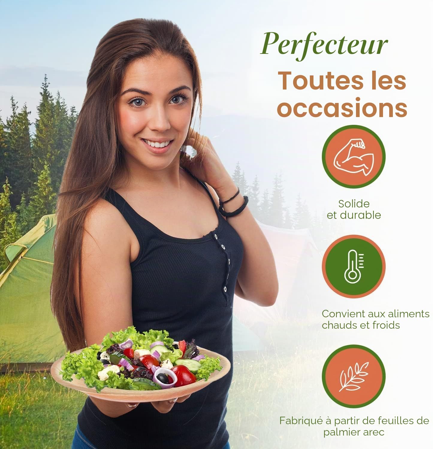 FOOGO Green 200 Bols Jetables Feuille de Palmier 13cm 550ml Carrés
