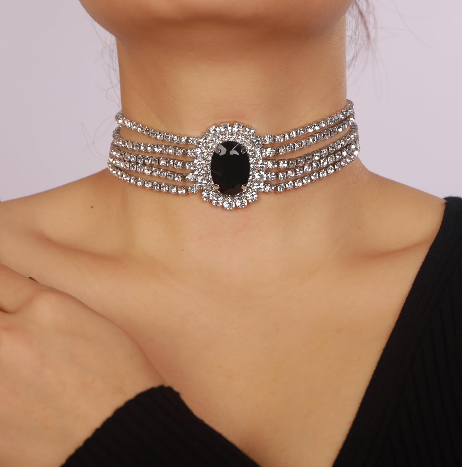 Fashion Prom Shinny Full Rhinestones Circle Choker Necklace Dainty Layered Sexy Body Chain Black Choker Necklace Dainty Gold Silver Halloween Christmas Crystals Necklace for Women - Image 3