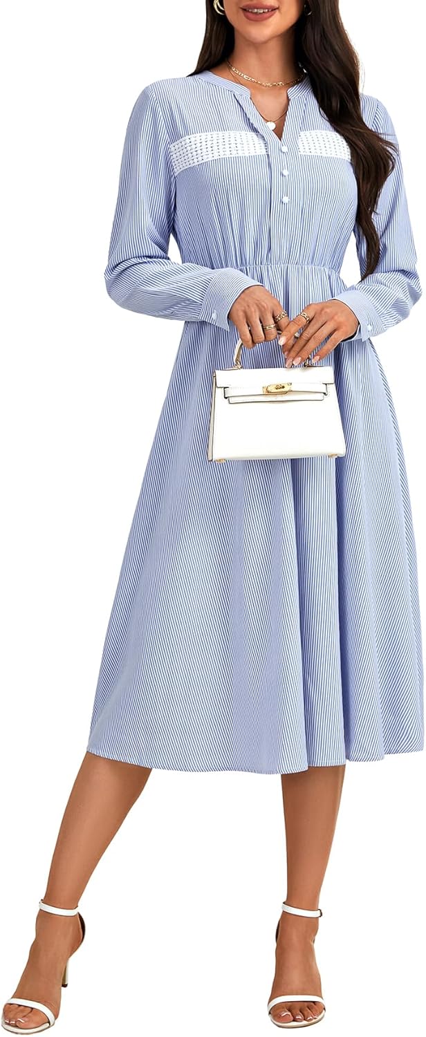 Vrtige Women's Stripe Long Sleeve Button V Neck Pleated Waisted A Line Midi Shirt Dress - Image 3