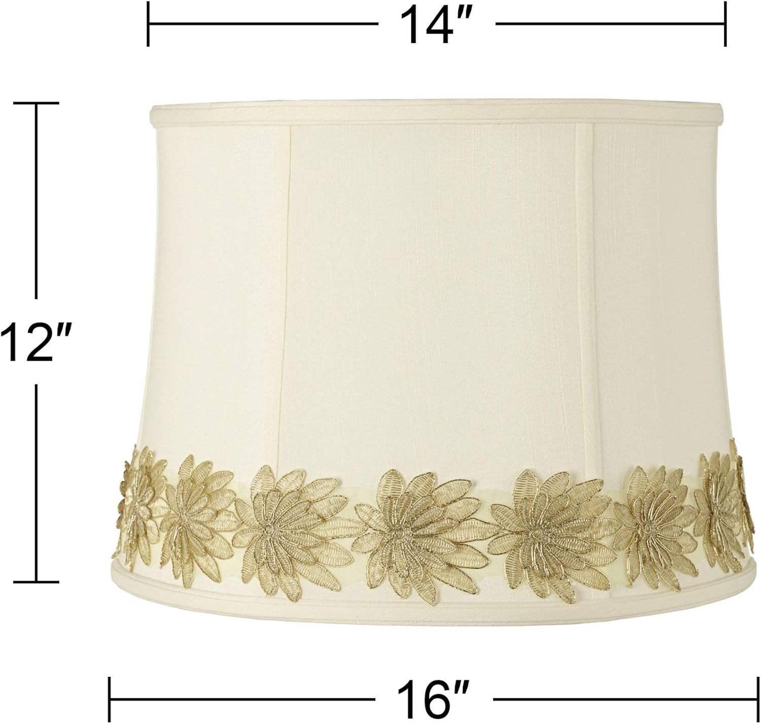 Creme Medium Drum Lamp Shade with Gold Flower Trim 14" Top x 16" Bottom x 12" High (Spider) Replacement with Harp and Finial - Imperial Shade