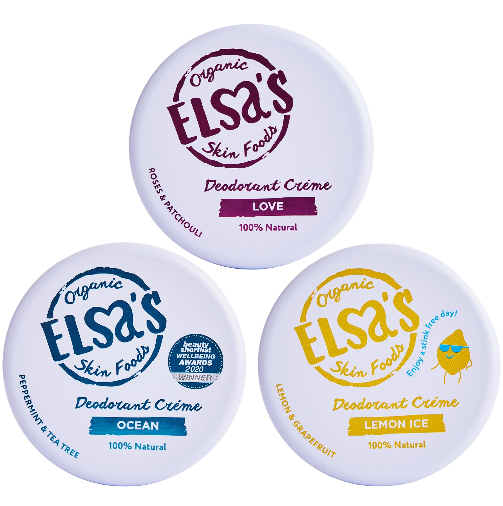 Elsa's Organic Skin Foods, Creme deodoranti naturali, confezione da 3, oceano, amore, limone ghiaccio, senza alluminio, senza bicarbonato di sodio, protezione 24 ore, senza plastica, deodorante per