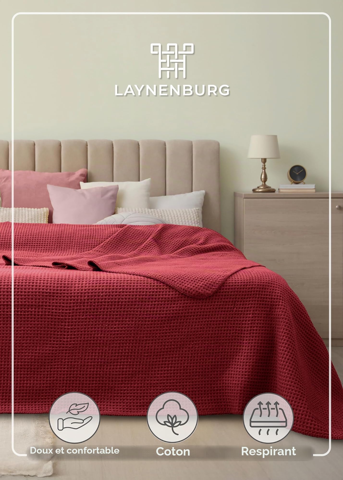 LAYNENBURG Couverture en Coton piqué gaufré Haut de Gamme 150x200 cm - Oeko-TEX 100 - Mélange de Coton Couverture Douillette - Plaid pour la Maison, Le canapé et Le Divan (Bordeaux)
