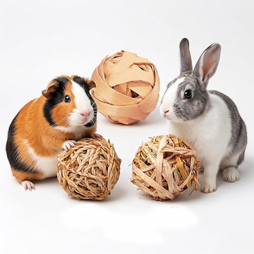 Pawbabas Natural Banana Stem Fiber Chew Ball Toys for Small Pets, Set of 3, Handwoven Safe Balls for Rabbits, Guinea Pigs, Hamsters & Birds, Dental Chew & Boredom Relief