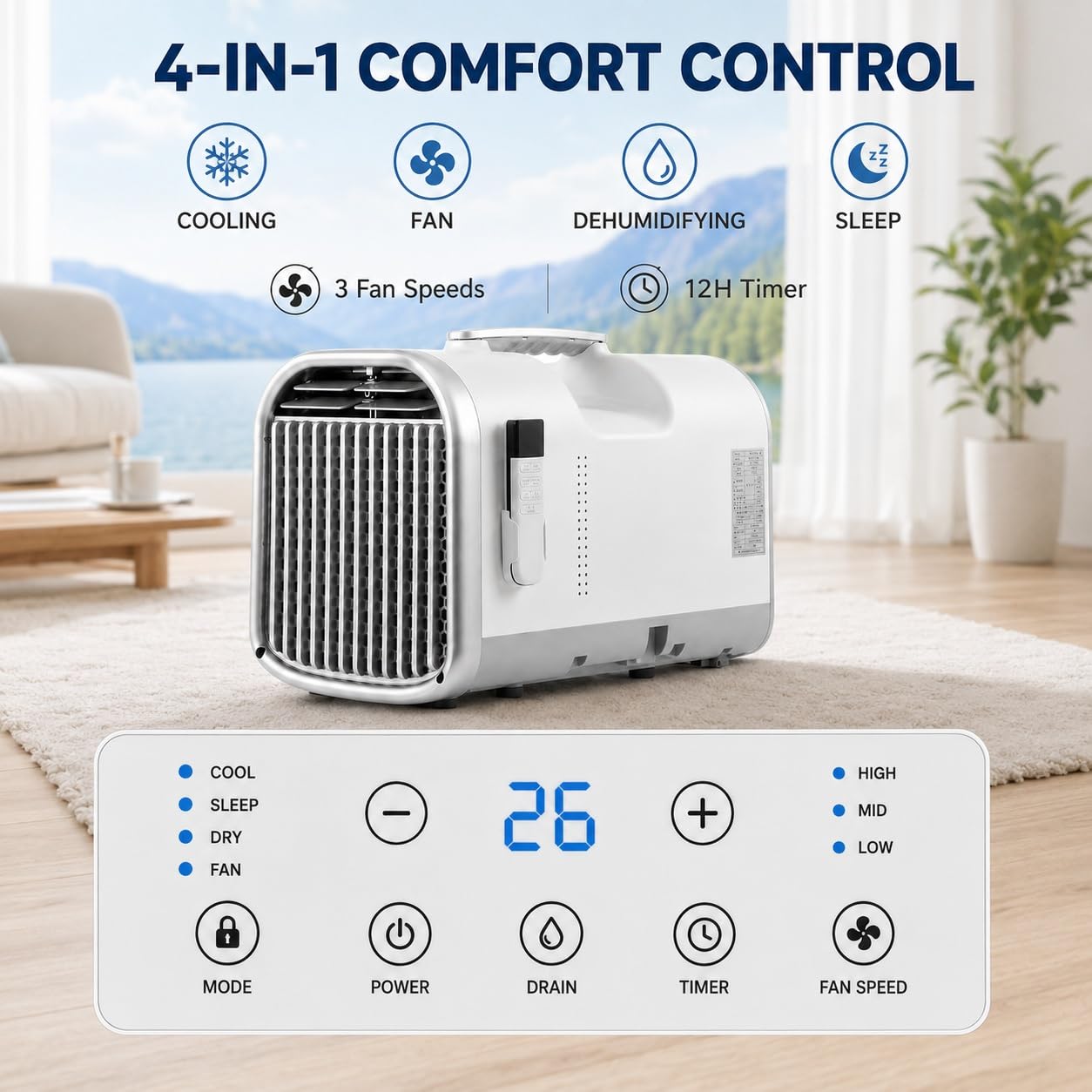 Condizionatore Portatile Senza Installazione Fissa 4400/5100 BTU | Compressore, sistema auto-evaporante, 4 modalità, pannello touch e timer 12 ore per casa, ufficio, camper e tenda(4400 BTU)